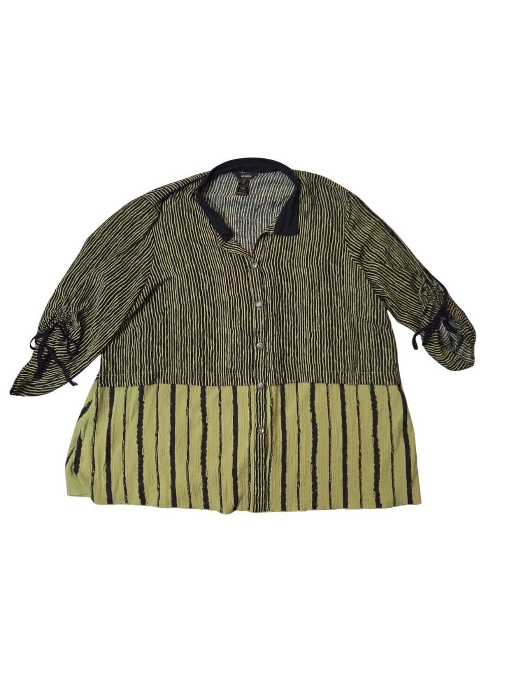 Ali Miles Button Up Tunic Top Womens 2X Green Black Stripe Boho Artsy Maximalist